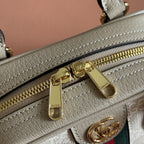 GG Supreme Monogram Textured Dollar Calfskin Web Mini Ophidia Top Handle Bowler Bag Beige Mystic White Oatmeal