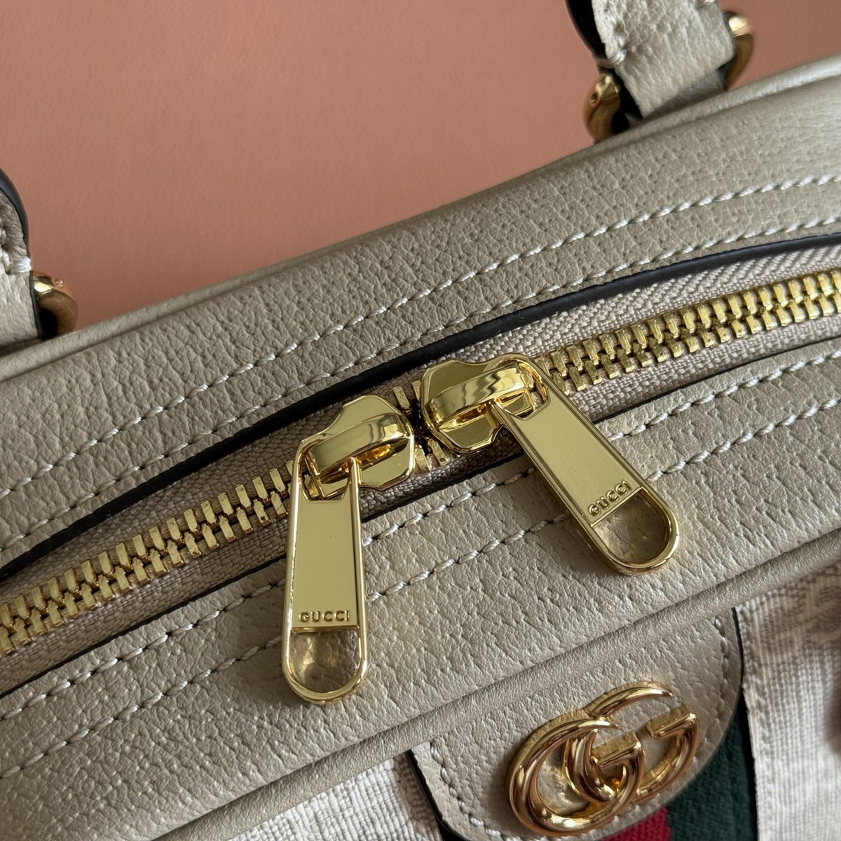 GG Supreme Monogram Textured Dollar Calfskin Web Mini Ophidia Top Handle Bowler Bag Beige Mystic White Oatmeal
