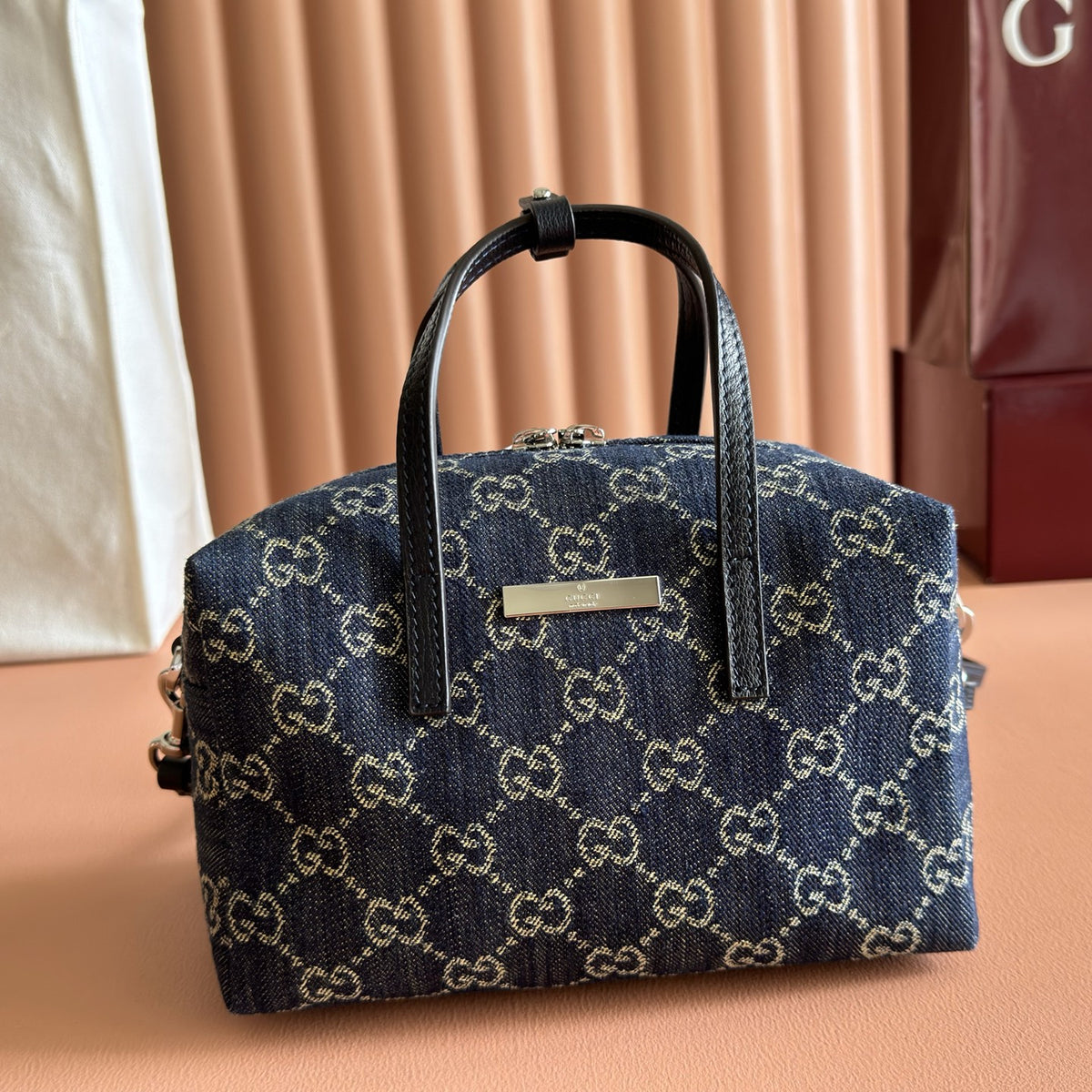 GG Denim Small Boston Bag