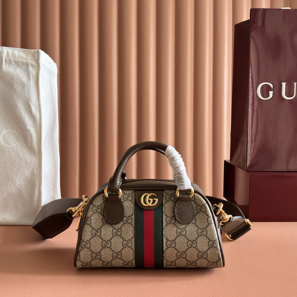 GG Supreme Monogram Textured Dollar Calfskin Web Mini Ophidia Top Handle Bowler Bag Beige Mystic White Oatmeal