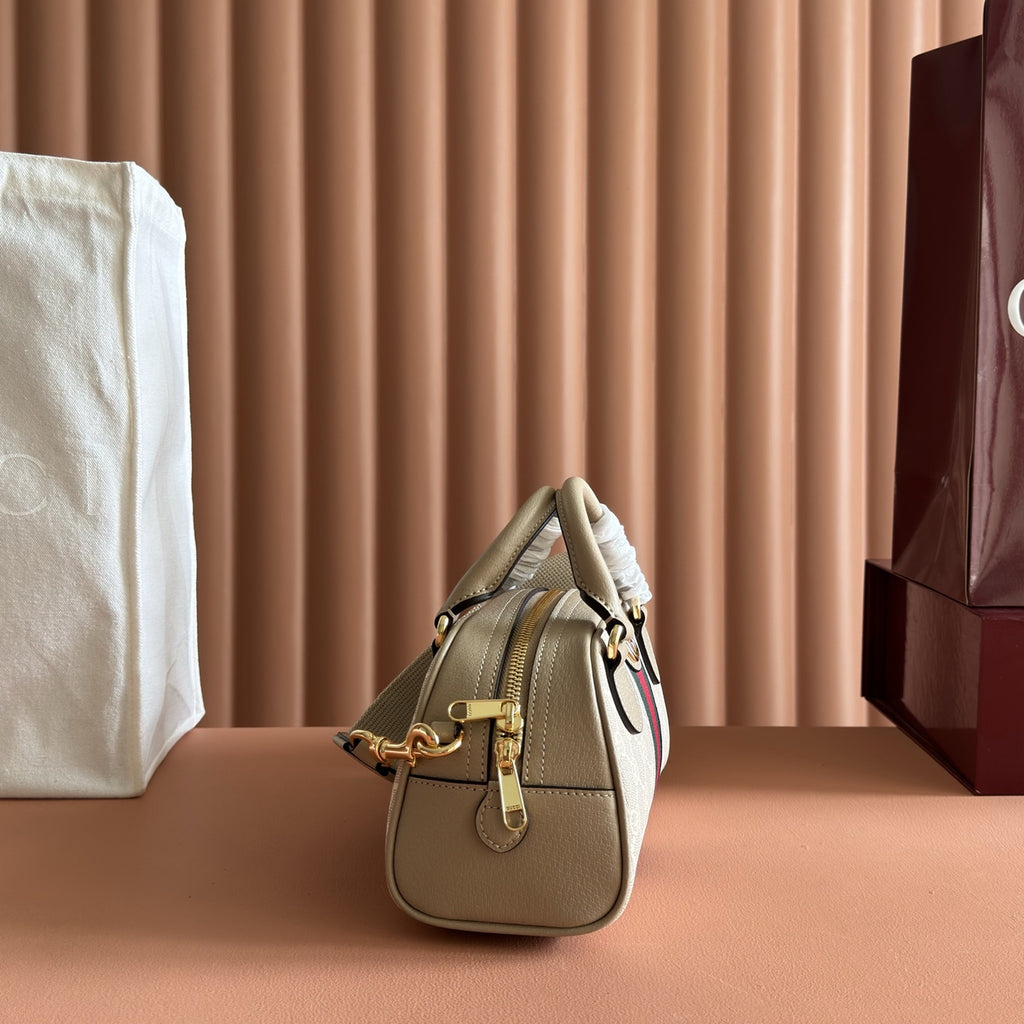 GG Supreme Monogram Textured Dollar Calfskin Web Mini Ophidia Top Handle Bowler Bag Beige Mystic White Oatmeal