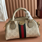 GG Supreme Monogram Textured Dollar Calfskin Web Mini Ophidia Top Handle Bowler Bag Beige Mystic White Oatmeal