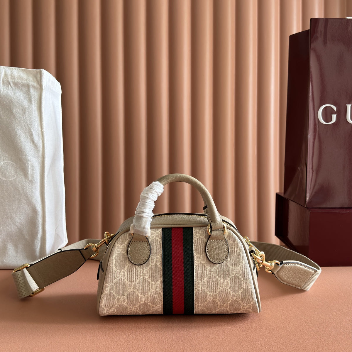 GG Supreme Monogram Textured Dollar Calfskin Web Mini Ophidia Top Handle Bowler Bag Beige Mystic White Oatmeal