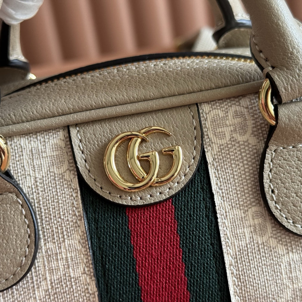 GG Supreme Monogram Textured Dollar Calfskin Web Mini Ophidia Top Handle Bowler Bag Beige Mystic White Oatmeal
