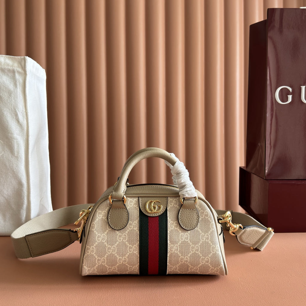 GG Supreme Monogram Textured Dollar Calfskin Web Mini Ophidia Top Handle Bowler Bag Beige Mystic White Oatmeal